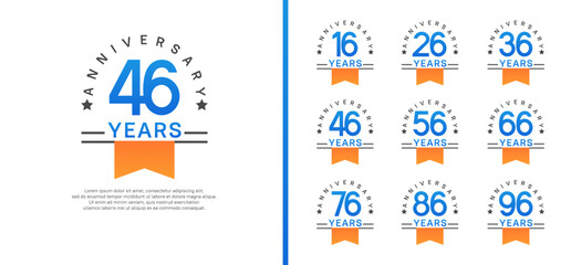 set of anniversary logo style with orange ribbon. vector design blue color for celebration