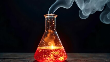 A glowing red potion bubbling inside a glass flask with smoke rising, realistic style, placed on a wooden table against a dark background, concept of magic or alchemy - Powered by Adobe