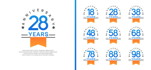 set of anniversary logo style with orange ribbon. vector design blue color for celebration