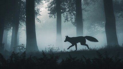 Silhouetted fox in misty forest
