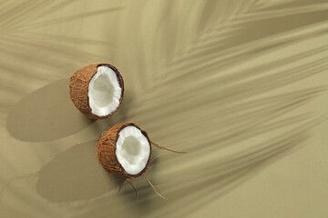 Fresh coconut and shadow cast by tropical palm on light green background, top view. Space for text