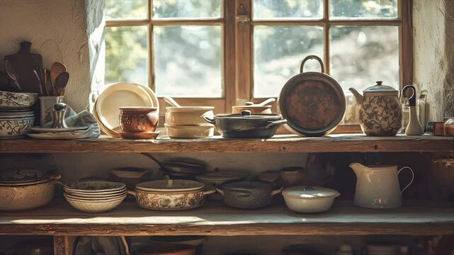 Vintage kitchenware collection displayed on wooden shelves near a window.  Rustic, antique, and charming kitchen items fill the shelves, bathed in sunlight