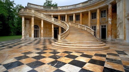 Obraz premium Grand Weathered Stone Building with Circular Staircase and Checkered Floor
