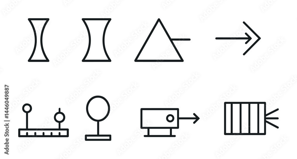Poster modern physics line icons set – outline style for scientific visualization: refraction, diffraction,