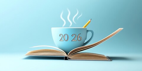 A Blue Mug With Numbers Rests On An Open Book