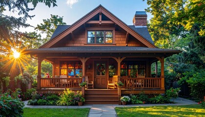 Obraz premium Charming Craftsman bungalow, detailed woodwork, colorful stained glass windows, cozy front