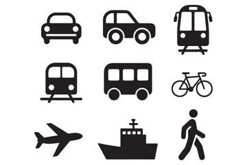 Set of black transportation icons including car, train, tram, bus, bicycle, airplane, ship, and pedestrian silhouette on white background for travel, transit, mobility, and traffic illustrations"