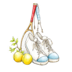 Watercolor painting displays tennis racket, shoes, and balls with leaves.