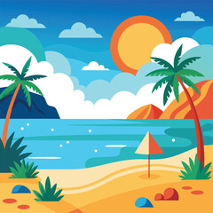 Obraz premium Tropical beach scene with palm trees and sun transparent vector
