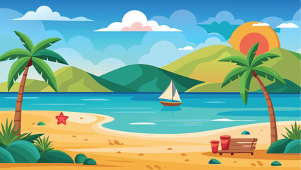 Obraz premium Tropical beach landscape with palm trees sailboat and scenic elements vector illustration