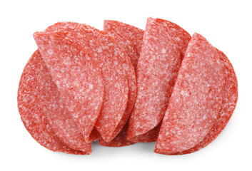 Slices of tasty smoked sausage isolated on white, top view