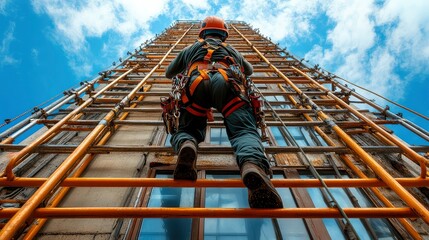 Worker climbing tall building scaffold.