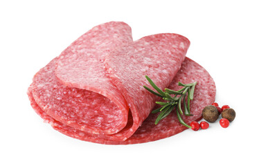 Slices of tasty smoked sausage with spices isolated on white