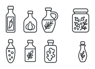 Fototapeta premium Herb and spice outline icons set – line style kitchen, culinary, and cookware symbols for recipe design: oil bottle, garlic jar, rosemary flask, ginger container, chili vial, herb pot.