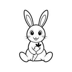 a cute bunny sitting down and holding a carrot in its hands, simple black and white outline drawing, on White background.