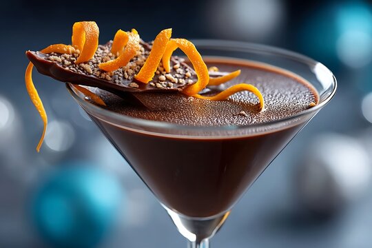 A decadent chocolate martini garnished with a curl of orange zest, isolated on a diffrent collers background, symbolizing indulgence and elegance.