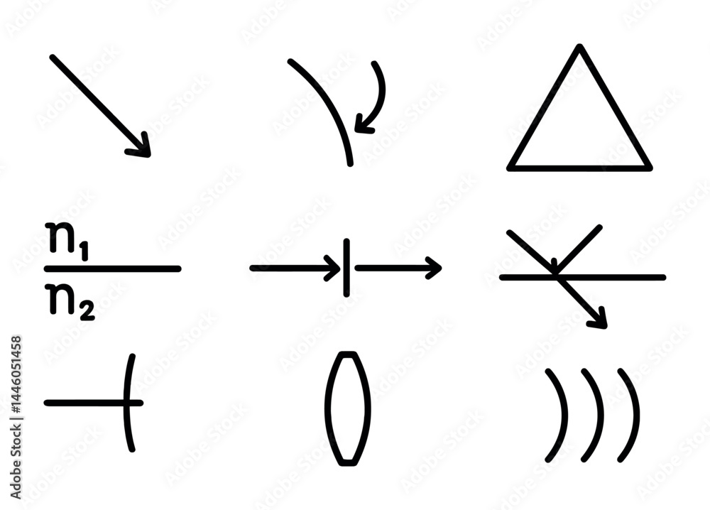 Poster physics symbols outline icons set - line style science, education, and classroom graphics for learni