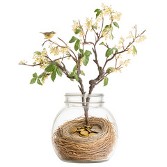 A small bird sits on tree branch growing from with coins in a jar.