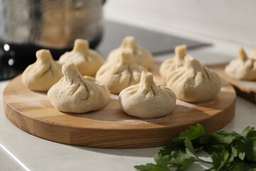 Many uncooked khinkali on countertop indoors, closeup