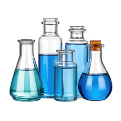 Assorted laboratory glassware filled with blue liquid on white background.