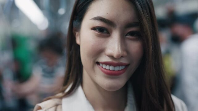 Portrait of smiling Asian queer lady riding subway train closeup view. Happy lesbian passenger expresses positive attitude inside railroad car on journey. Public vehicle service