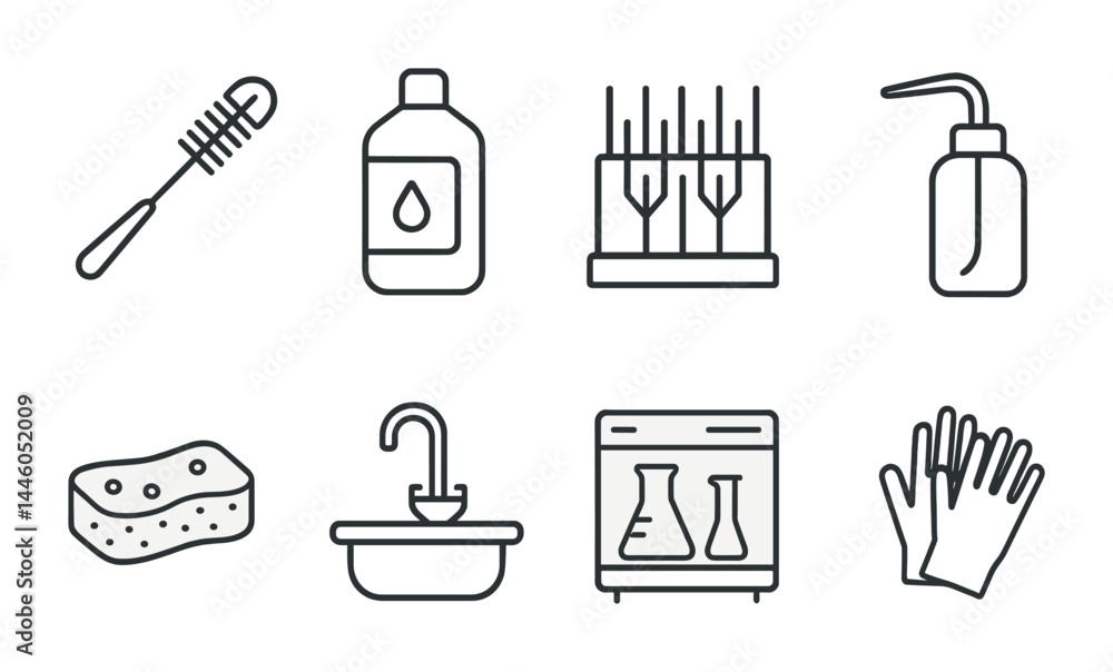 Poster laboratory equipment outline icon set - linear style science, research, and lab tools for experiment
