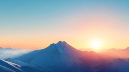Mountain landscape at sunrise, vibrant hues lighting up peaks, serene atmosphere evoking peace and tranquility, ideal for inspiration.