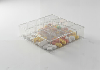 Fototapeta premium Clear plastic pill organizer box with multiple compartments, filled with assorted capsules and tablets. Ideal for medication planning, vitamin scheduling, and travel health management. 