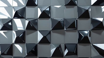 Fototapeta premium Polished, Semigloss Wall background with tiles. Triangular, tile Wallpaper with 3D, Black blocks. 3D Render
