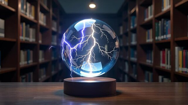 Glowing electric plasma sphere levitating on wooden table, realistic style, surrounded by bookshelves, symbolizing futuristic knowledge