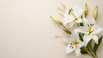 White Lilies With Gold Accents Against A Textured Beige Background Showing Full Bloom Flowers And Budding Stages