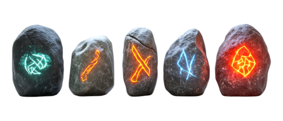 Pack of Glowing Rune Stone Against Transparent Background for Fantasy Design, Mystical Branding, or Gaming Projects