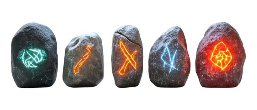 Pack of Glowing Rune Stone Against Transparent Background for Fantasy Design, Mystical Branding, or Gaming Projects