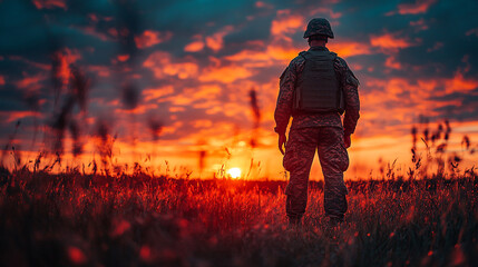 Fototapeta premium Soldier standing in field at sunset, contemplating