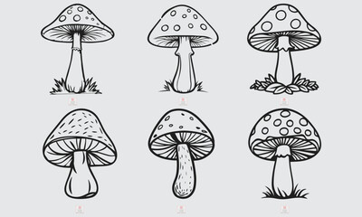 Mushroom Line Art Set for Coloring Book Cute Black and White Cartoon Mushrooms with Bold Outlines