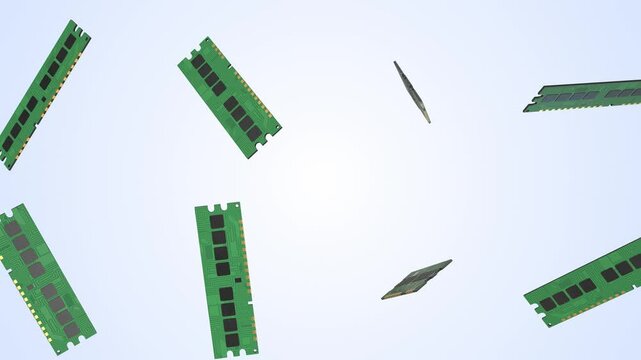 Computer RAM Falling on a Light Blue Background. Random Access Memory. 4K