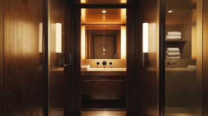 A sophisticated, modern bathroom interior with warm, neutral tones.