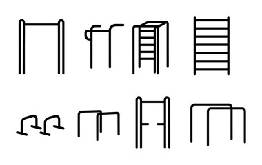 Fitness equipment icon set &ndash; outline style gym and workout symbols for health and training: pull-up bar, parallettes, stall bars, dip station, monkey bars, climbing frame, horizontal ladder