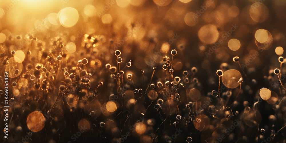 Poster Golden hour light illuminates a field of dried wildflowers, creating a bokeh effect. The image evokes warmth, serenity, and the beauty of nature's transition