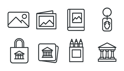 Fototapeta premium Art and photography outline icon set – linear style creativity, imagery, and design symbols: picture, gallery, photo album, art book, keychain, tote bag, pencils, museum.