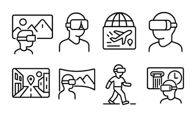 Augmented reality line icons set – outline style ar, virtual experience, and digital interaction symbols: vr headset, digital map, virtual tour, immersive walking, location marker.