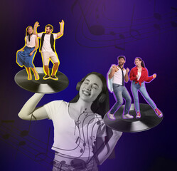 Creative collage with people dancing on vinyl records in woman's hands against blue gradient background
