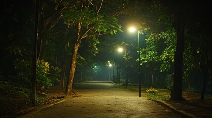 Misty park path at night
