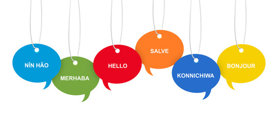 Paper speech bubbles with greetings in different languages hanging on white background. Banner...