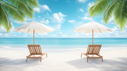 Obraz premium Tropical beach scene, two wooden lounge chairs beneath white umbrellas, clear blue sea and sky, inviting relaxation and leisure.