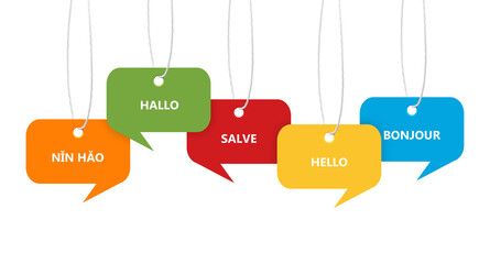 Paper speech bubbles with greetings in different languages hanging on white background. Banner design © New Africa