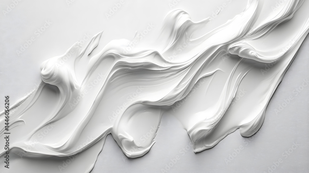 Poster dynamic white paint texture flowing on horizontal pure white background abstract art studio viewpoin
