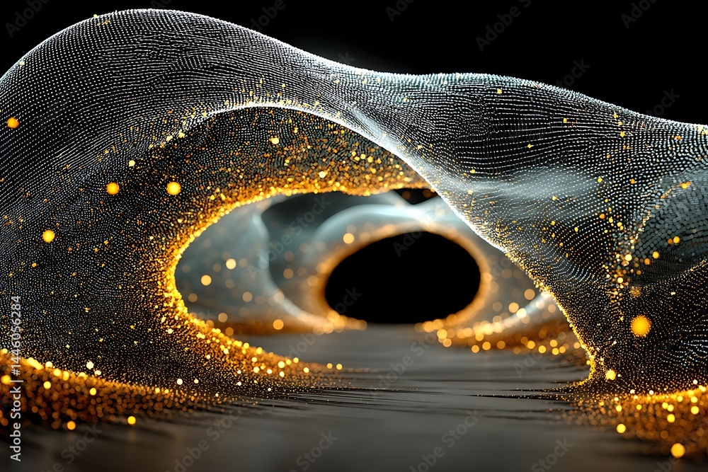 Aufkleber abstract tunnel of silver wireframe structure with golden bokeh on black background