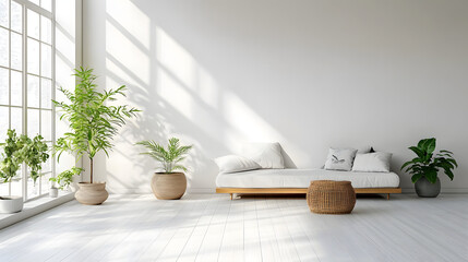 Modern living room design with natural light and plants minimalistic style white background