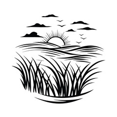 Black and White Landscape With Sun, Clouds, Water, And Birds Silhouette Illustration